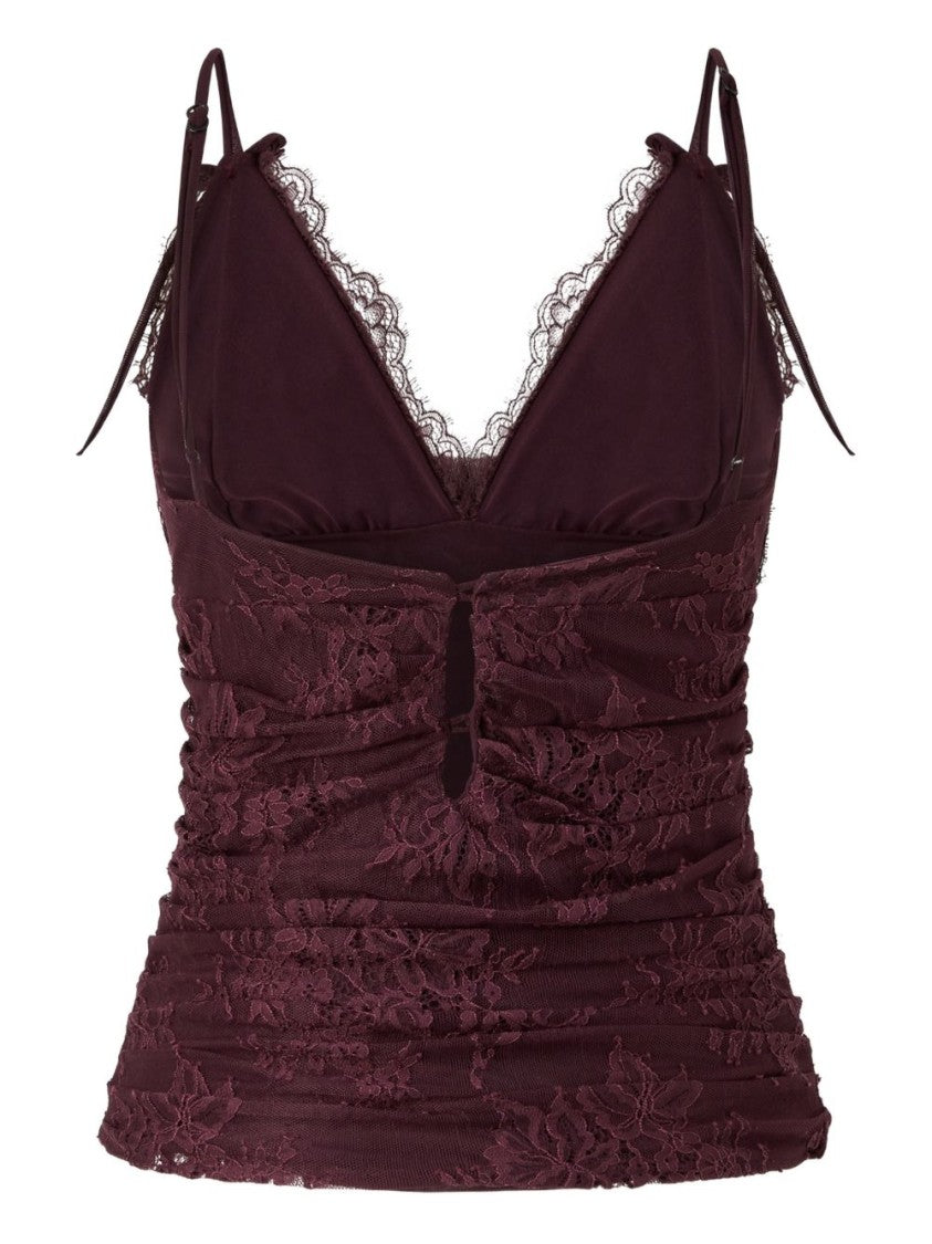 Pinko Floral Lace Top With Ruffled Details And V-Neck