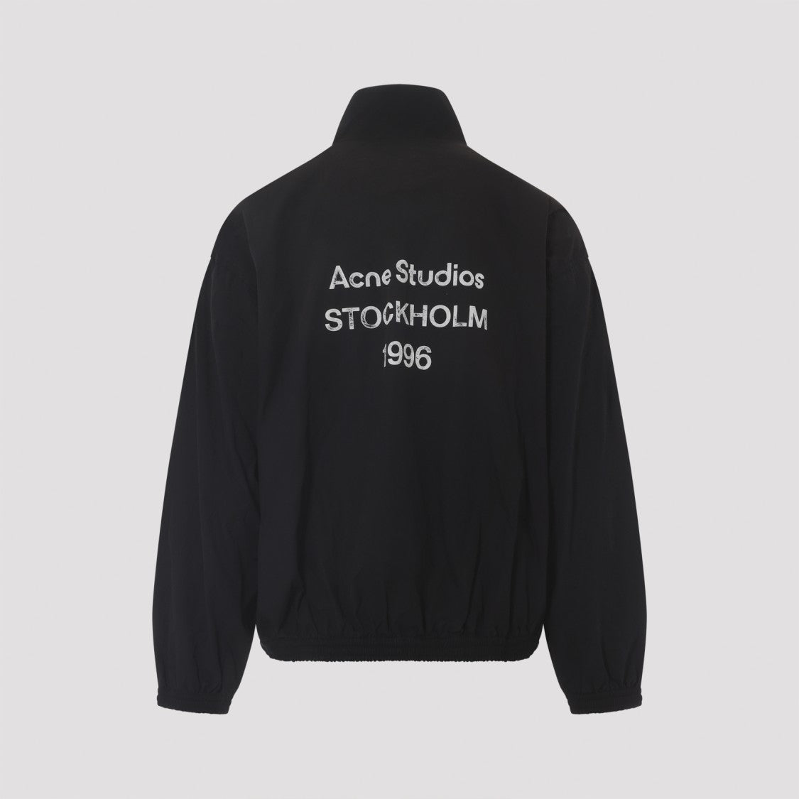 Acne Studios Pure Black Cotton Jacket With Stand-Up Collar And Distressed Text