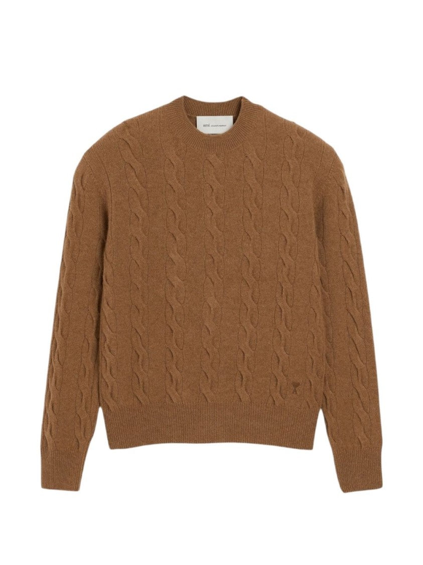 Ami Paris Classic Cable Knit Sweater With Crew Neckline And Ribbed Details