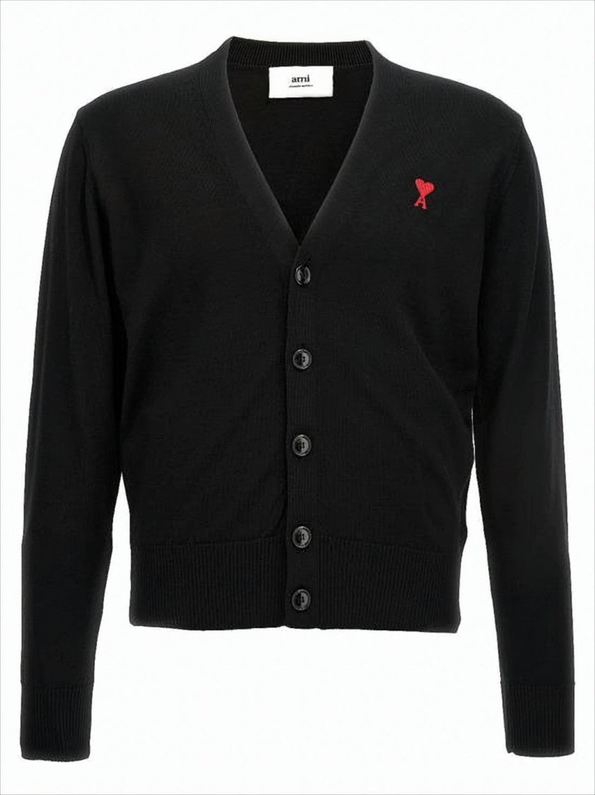 Ami V-Neck Black Wool Cardigan With Embroidered Accent