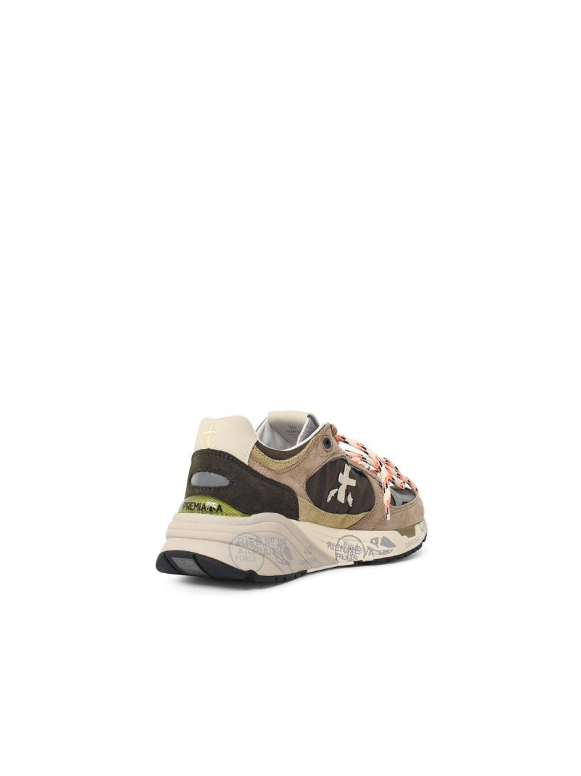 Premiata Brown And Beige Leather Blend Sneakers With Logo Embroidery