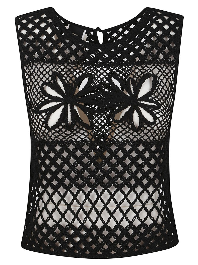 Pinko Open-Knit Black Floral Motif Top