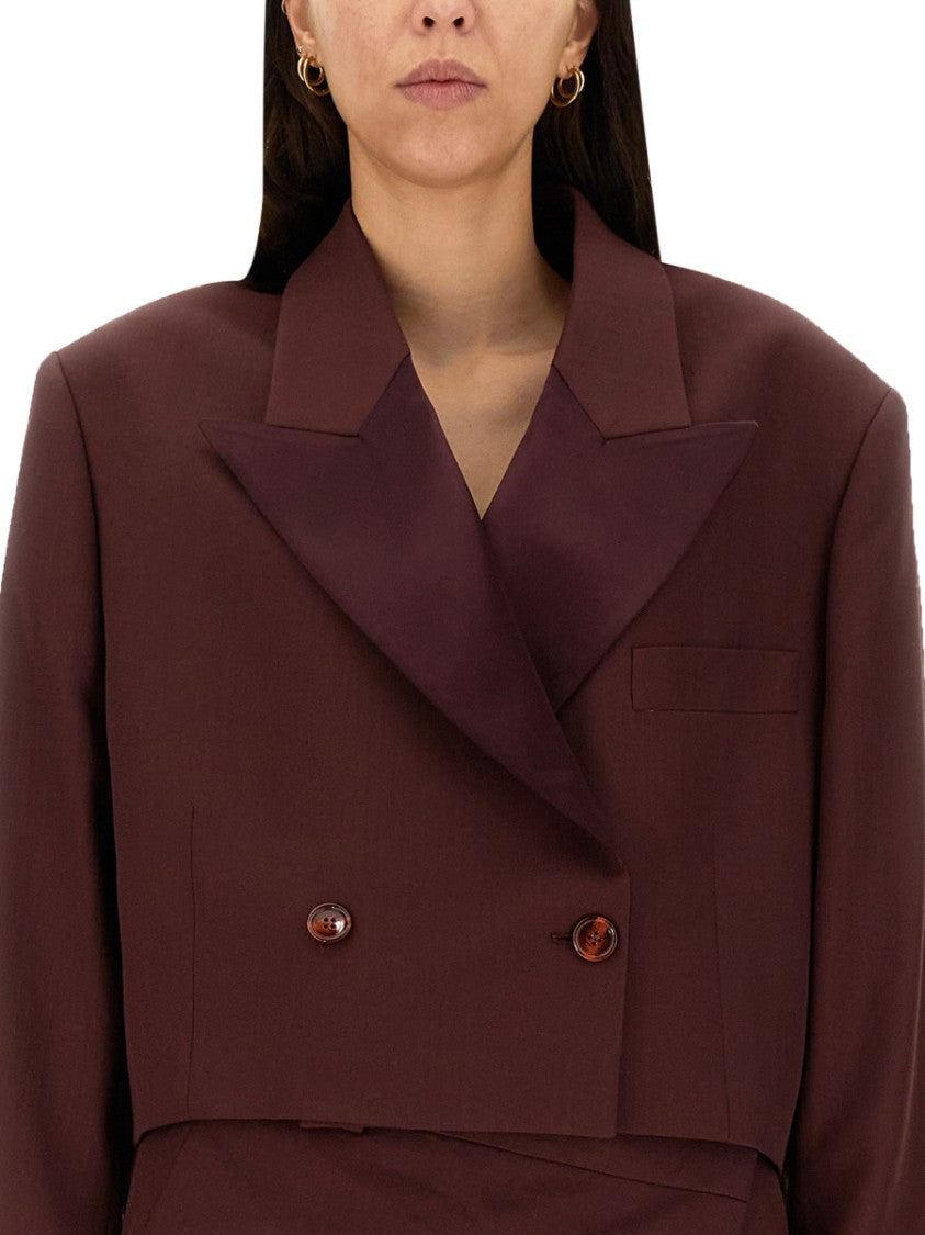 Acne Studios Cropped Burgundy Wool Blend Jacket With Peaked Lapels