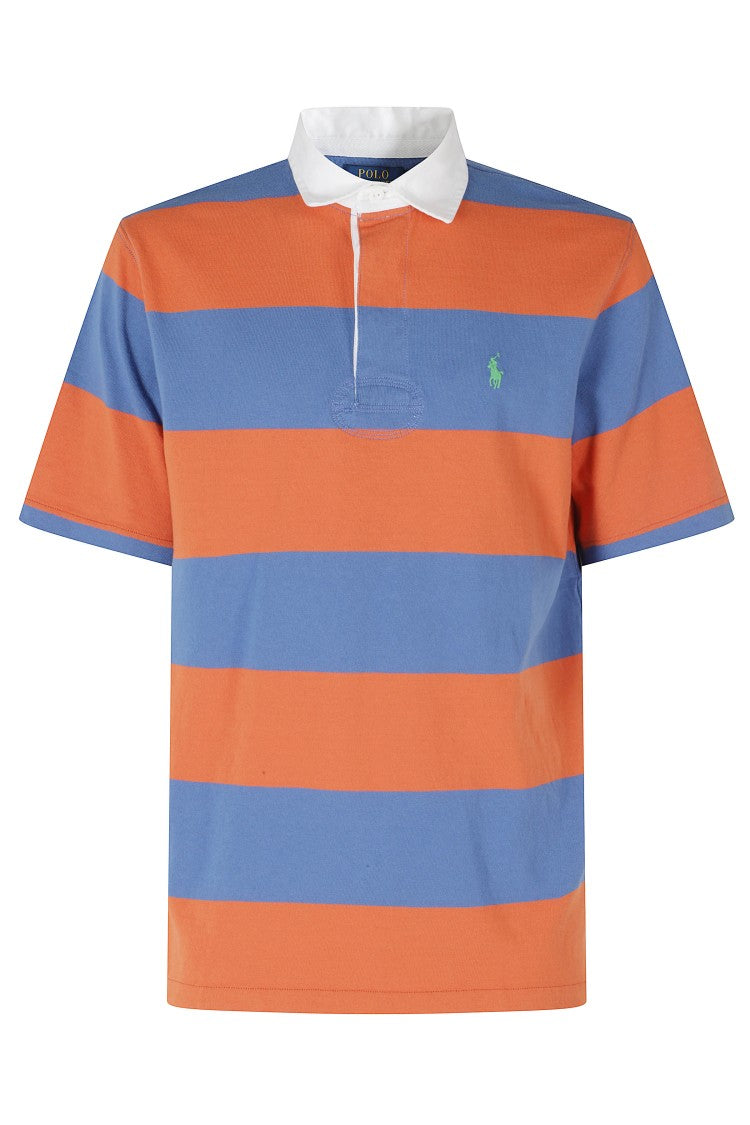 Polo Ralph Lauren Orange Striped Short Sleeve Covered Placket Cotton Rugby Polo Shirt