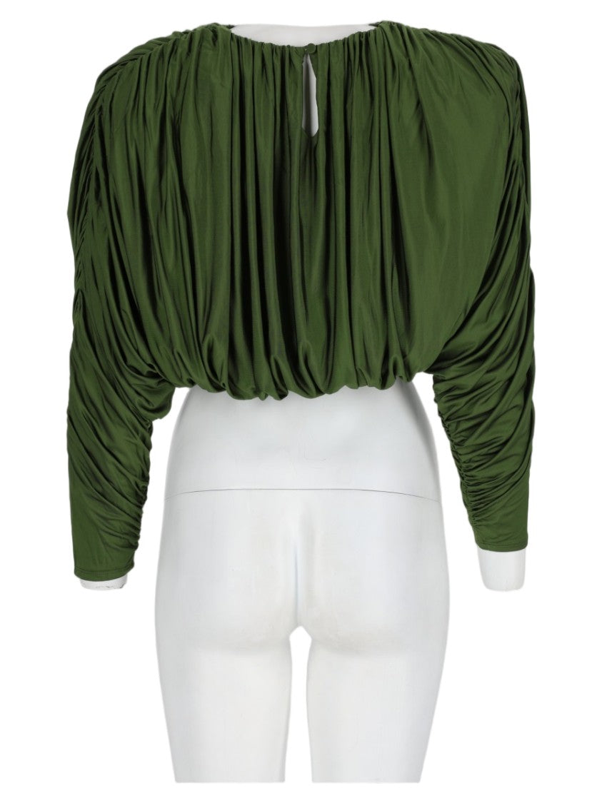 Self-Portrait Green Ruched Voluminous Viscose-Blend Top