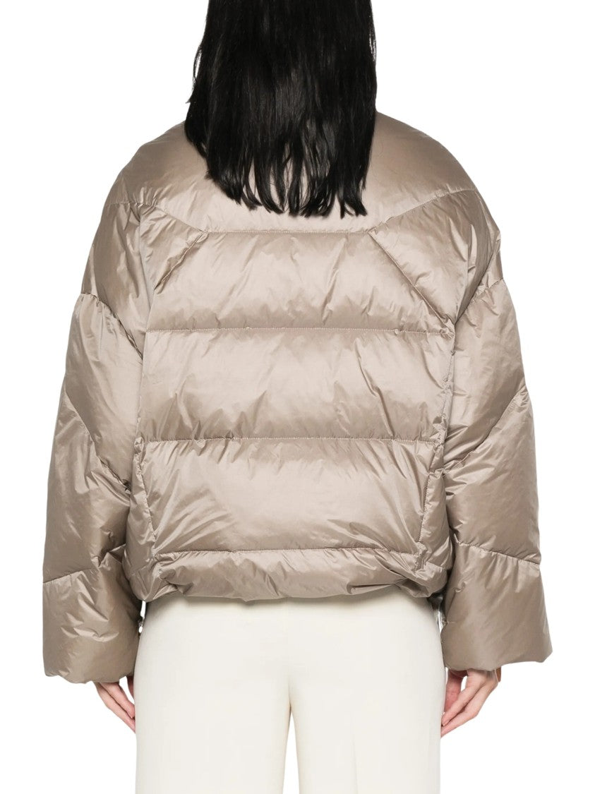 Twin-Set Taupe Grey Quilted Hooded Down Jacket