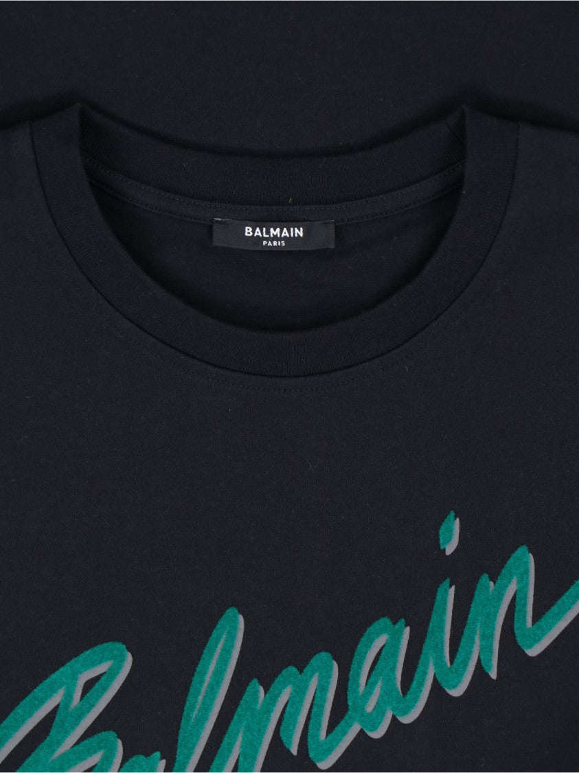 Balmain Black Cotton T-Shirt With Striking Green Logo Print