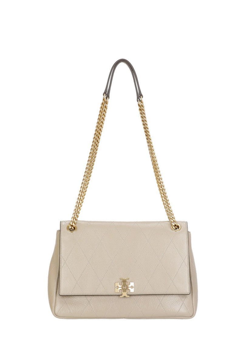 Tory Burch Beige Quilted Leather Gold Logo Shoulder Bag