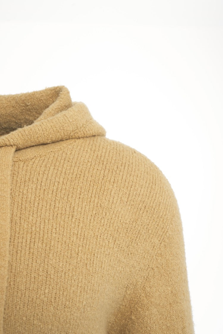 Roberto Collina Textured Beige Knit Hoodie With Drawstring