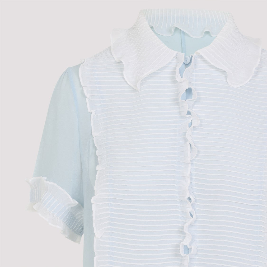 Jil Sander Light Blue Silk Blouse With Textured White Ruffle Panel