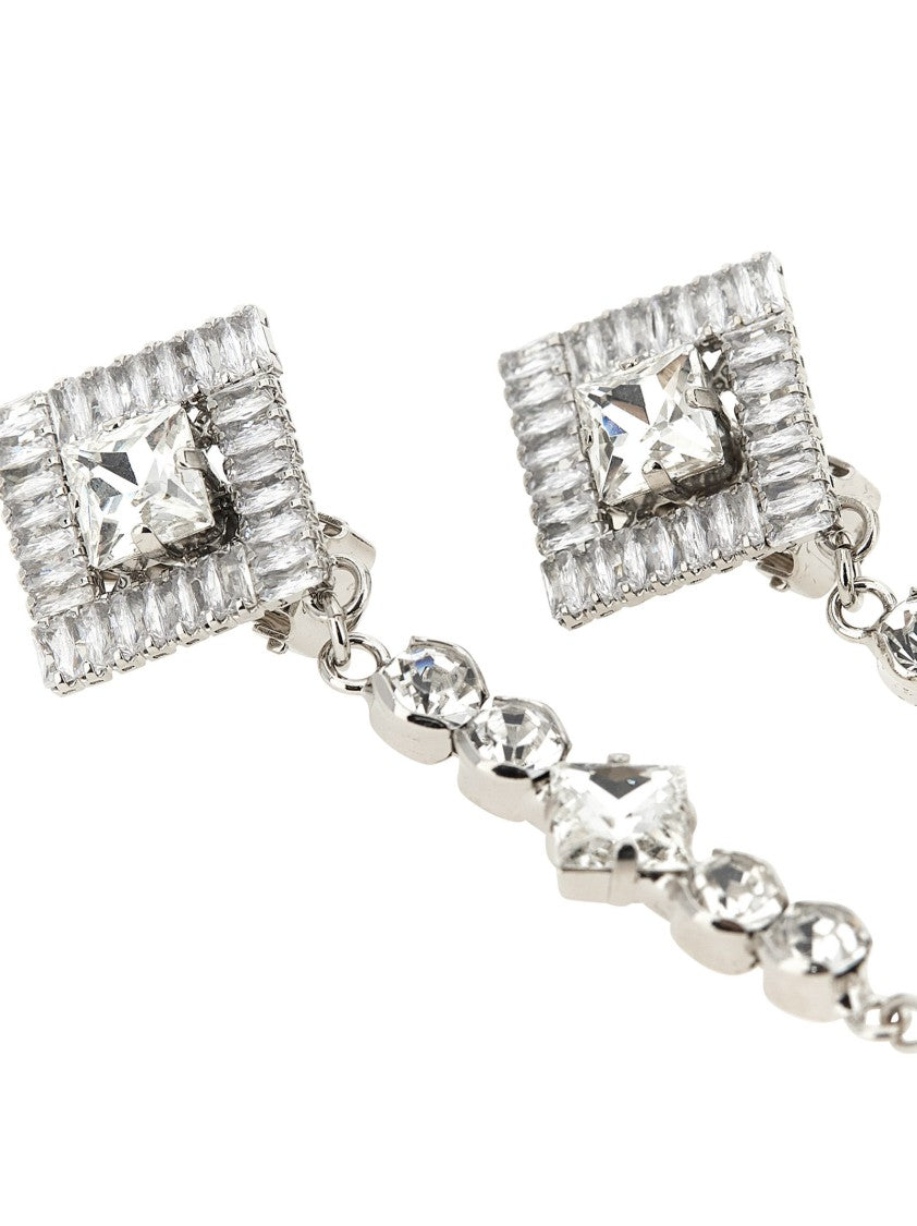 Alessandra Rich Geometric Pendant Earrings With Baguette Crystals And Pearl Drop