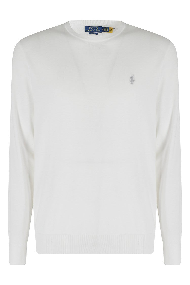 Polo Ralph Lauren White Crew Neck Ribbed Trim Cotton Slim Sweater