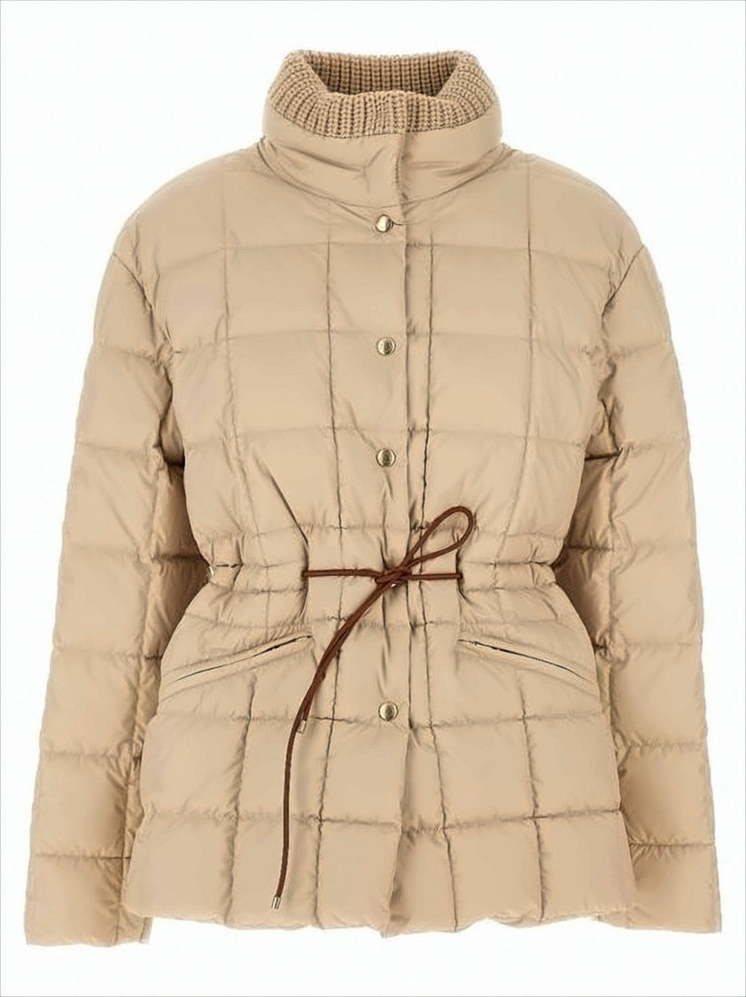 Moncler Quilted Down Coat With High Collar And Cinched Waist