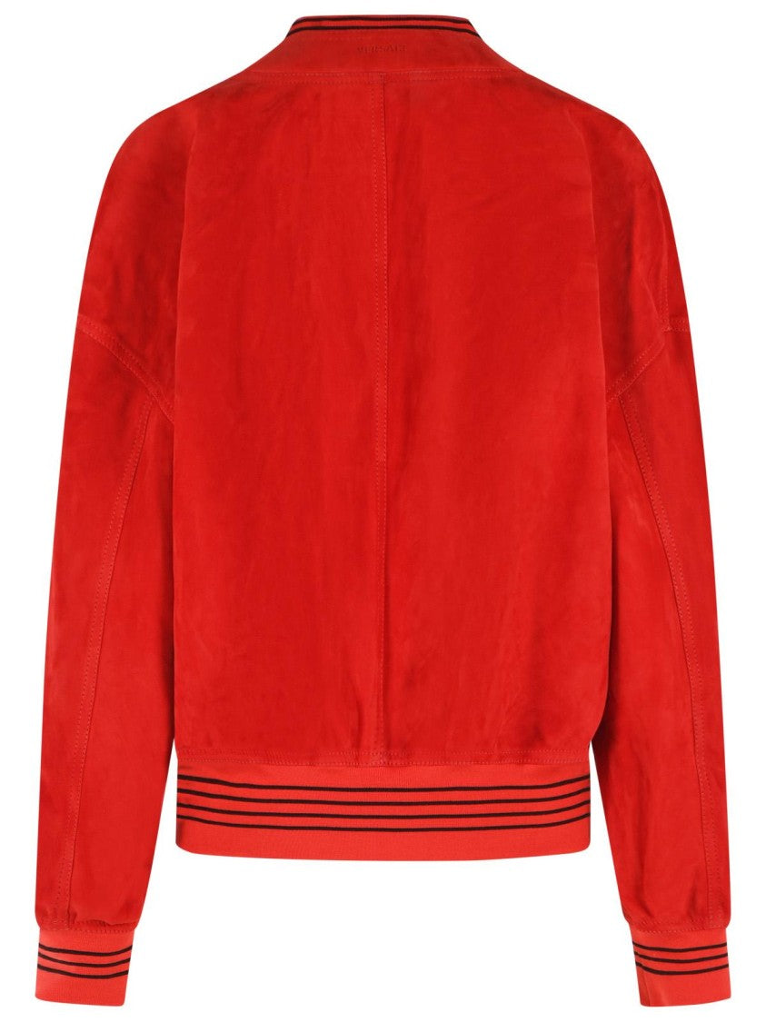 Versace Vibrant Red Suede Jacket With Deep V Neckline
