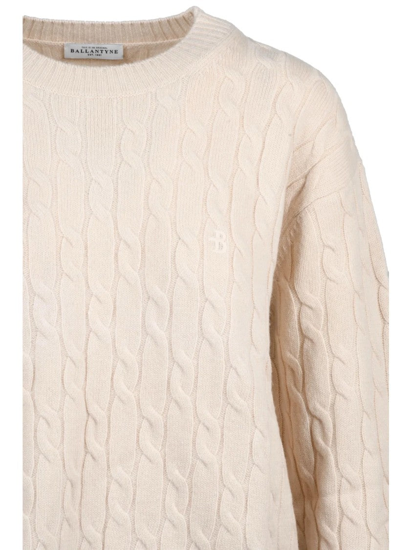 Ballantyne Intricate Cable Knit Crewneck Sweater In Natural Wool