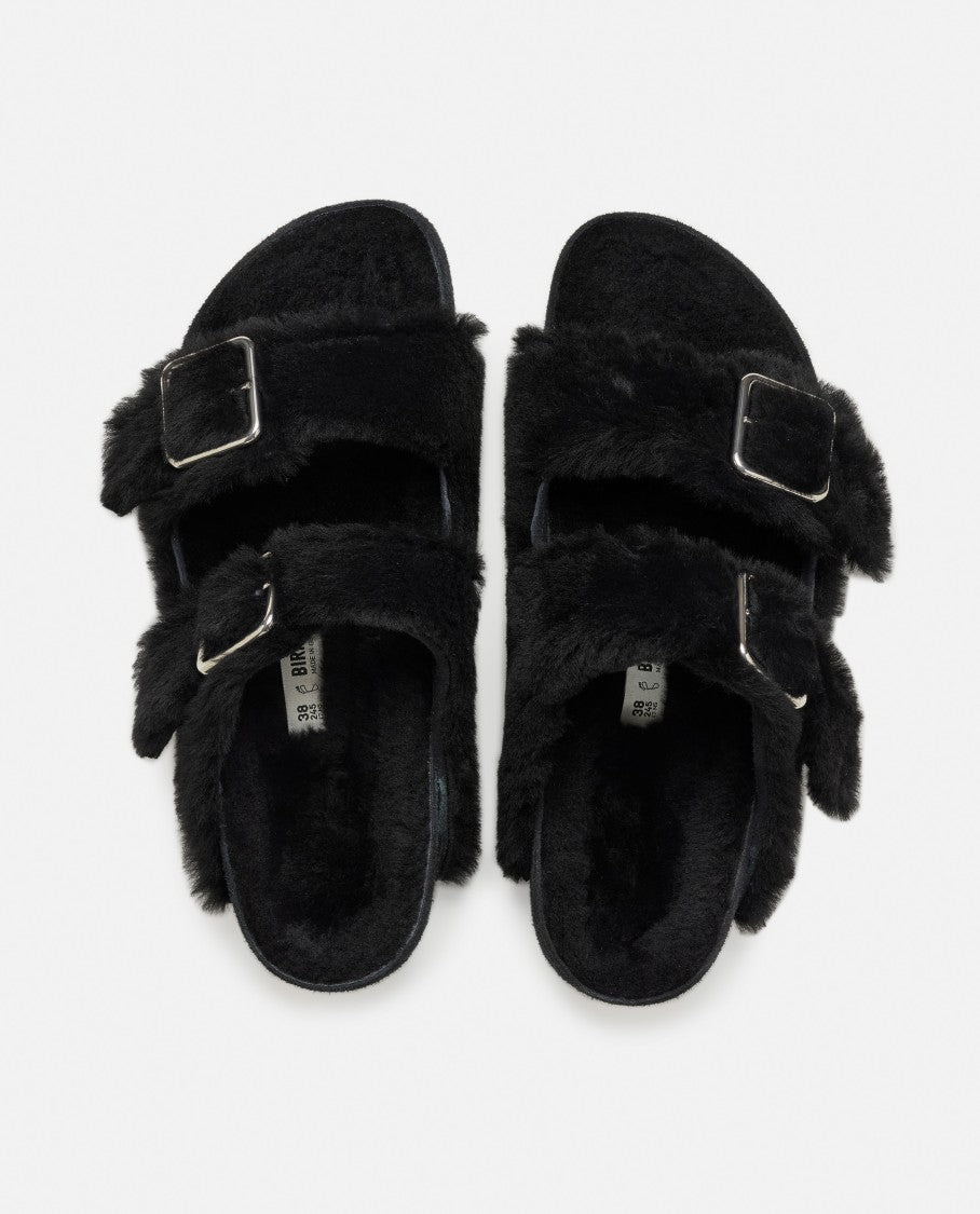 Birkenstock Black Shearling Sandals With Oversized Buckles
