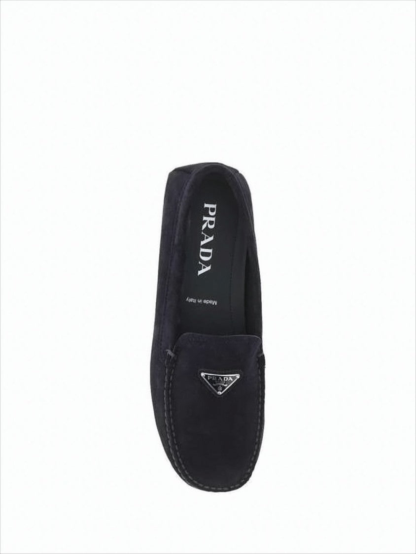 Prada Black Suede Loafers With Metallic Triangle Emblem By Prada