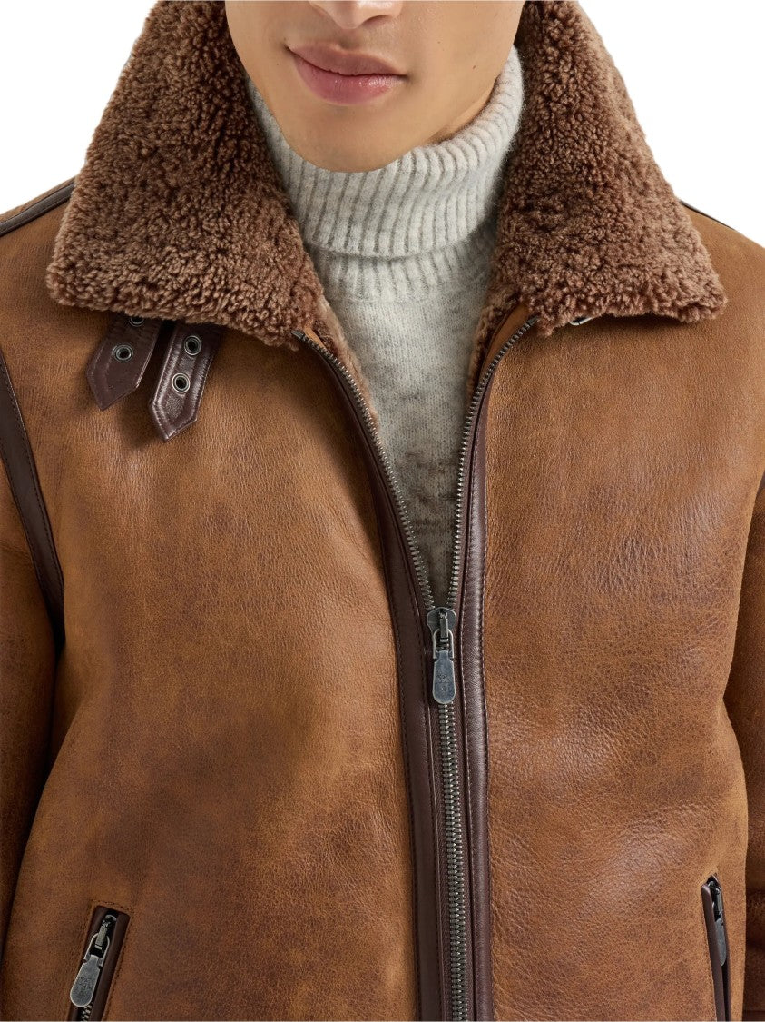 Brunello Cucinelli Brown Shearling Collar Leather Bomber Jacket