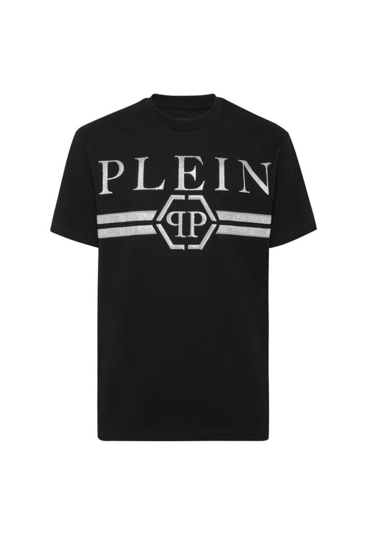 Philipp Plein Black Striped Chest Band Hexagon Patch Cotton T-Shirt