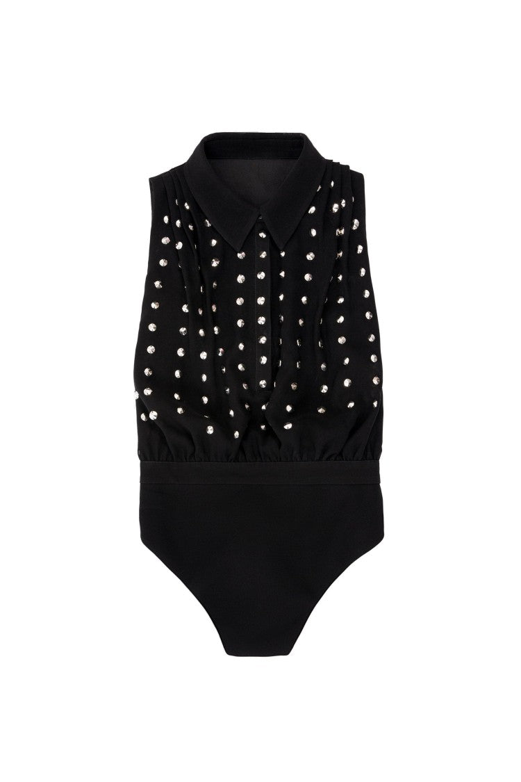 Saiid Kobeisy Jet Black Crepe Beaded Bodysuit