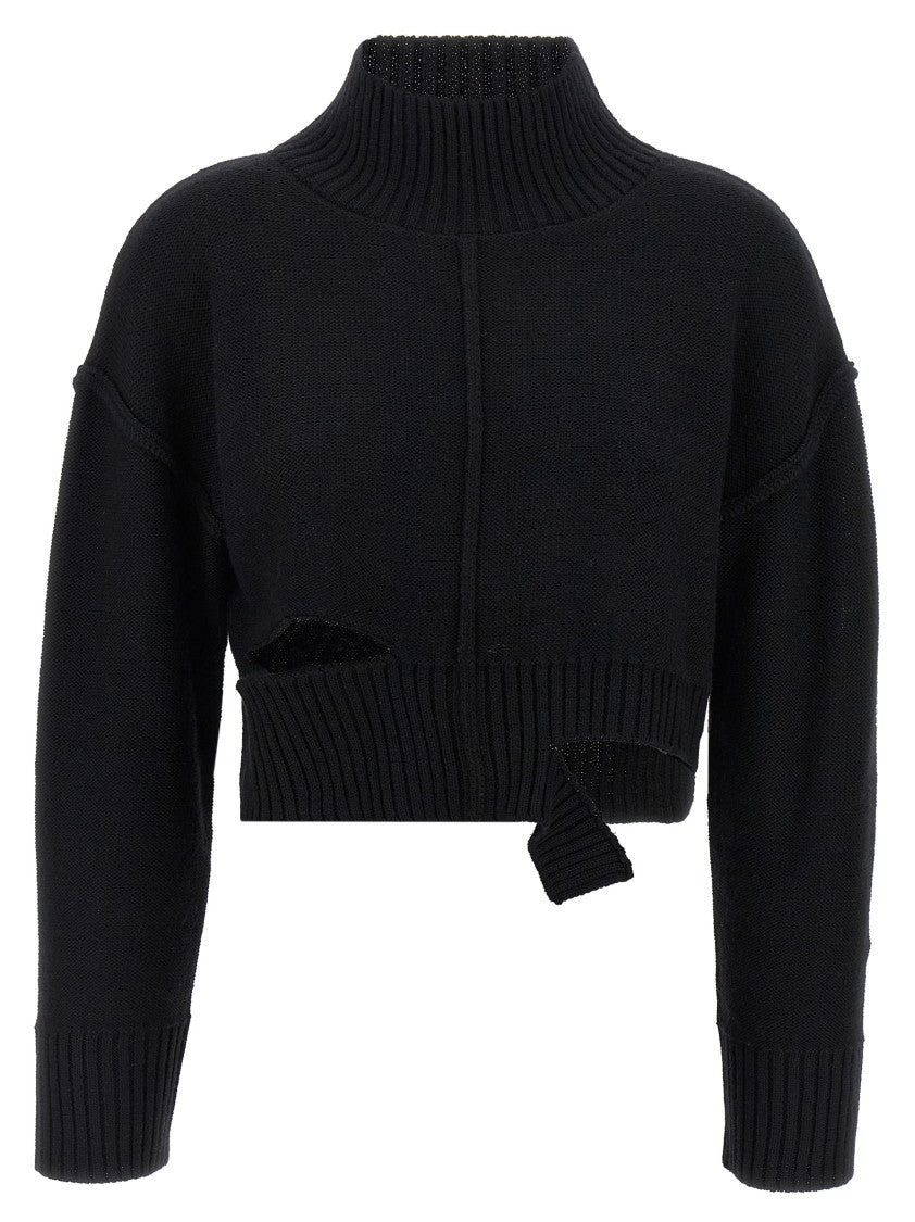 Mm6 By Maison Margiela Cropped Distressed Sweater With High Neck And Relaxed Fit