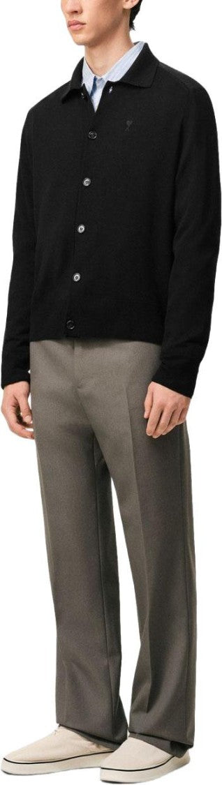 Ami Paris Classic Black Wool Cardigan With Embroidered Heart Emblem