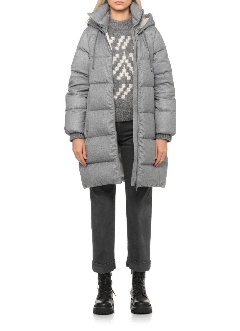 Peserico Grey Hooded Quilted Long Down Jacket