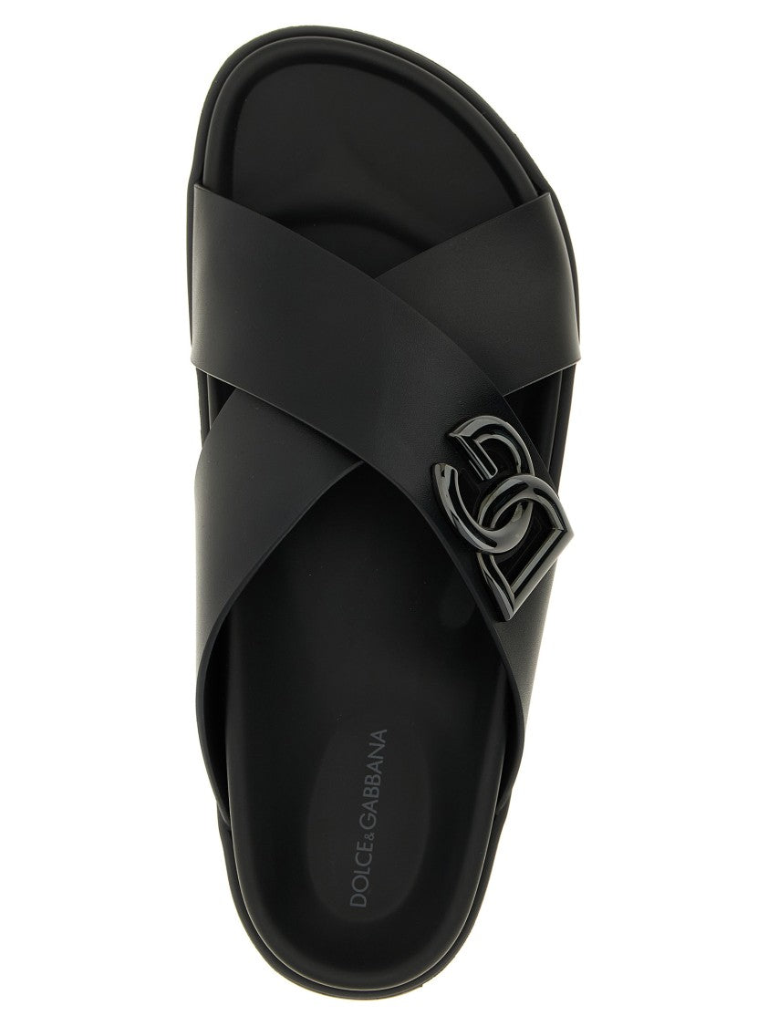 Dolce & Gabbana Calfskin Leather Slides With Cut-Out Metal Logo