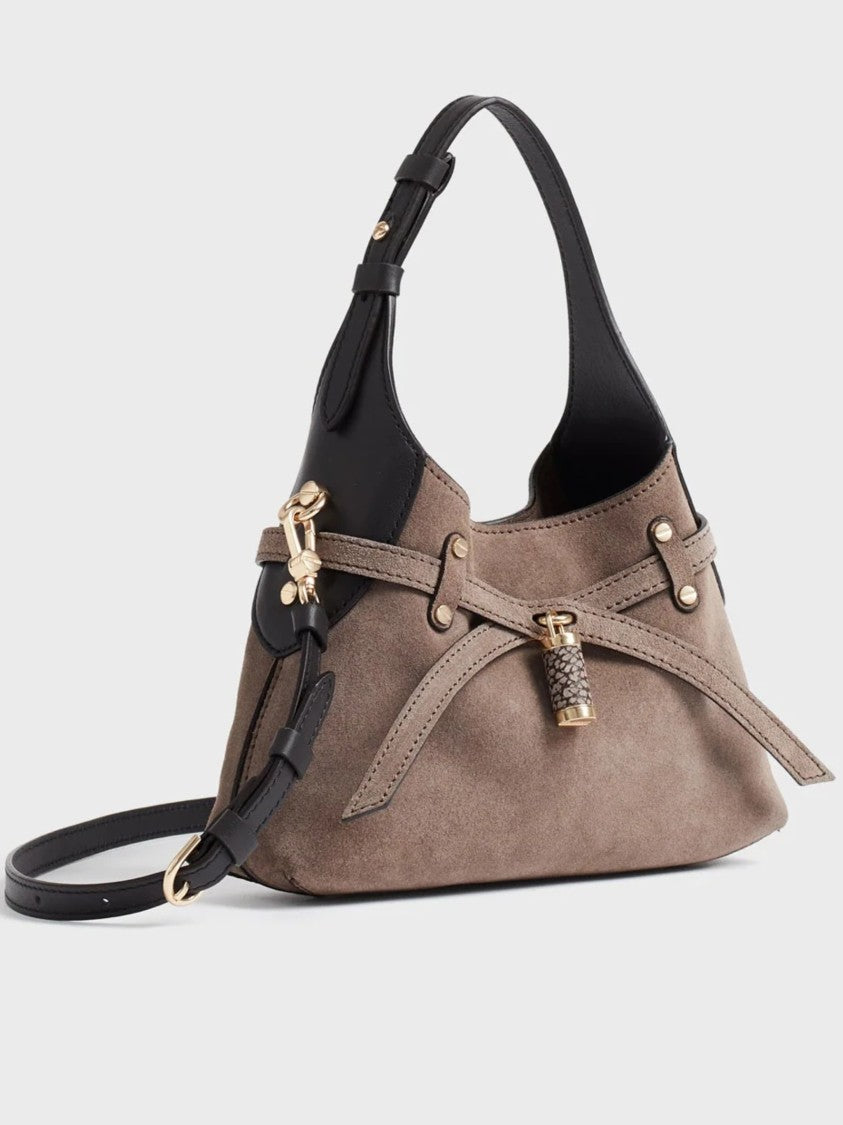 Borbonese Mini Suede Hobo Bag With Leather Accents And Gold Hardware