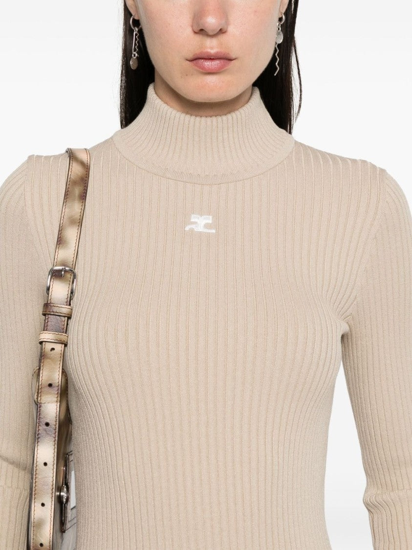 Courrèges Ribbed Knit Sweater With Mock Neck And Distinctive Logo