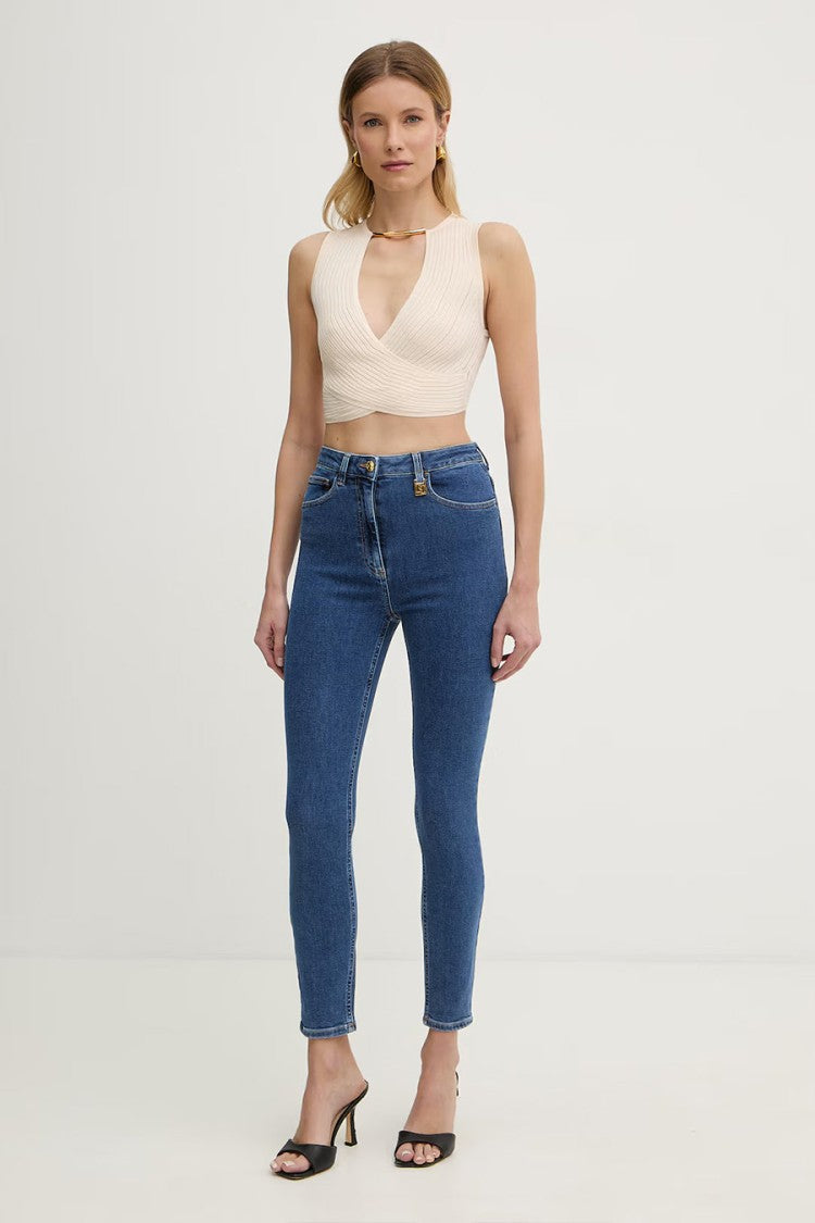 Elisabetta Franchi Ivory Wrap-Front Gold Bar Keyhole Viscose-Blend Tank Top