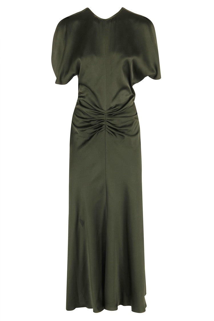 Victoria Beckham Gathered Waist Midi Dress In Olive Crepe Satin