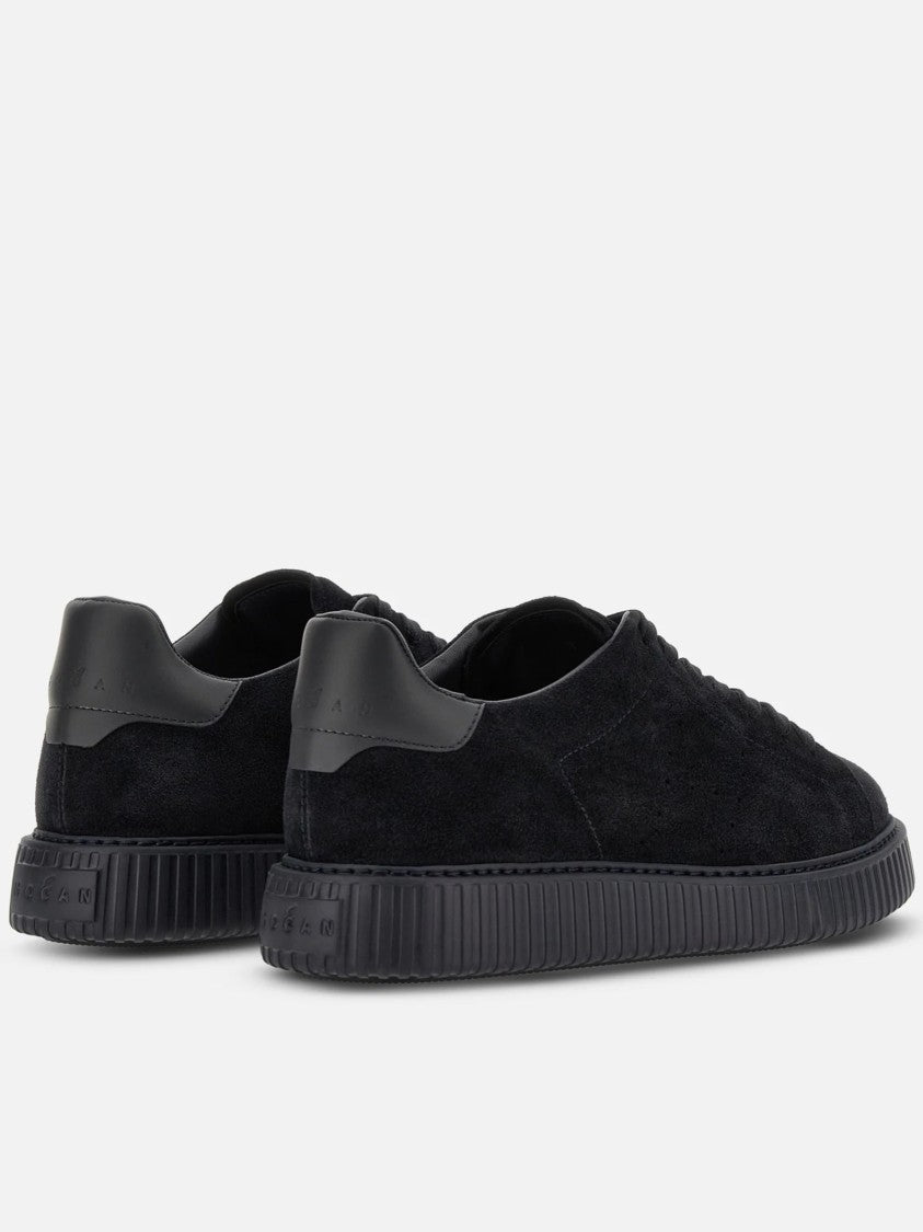 Hogan Monochromatic Black Suede Low-Top Sneakers With Textured Rubber Sole