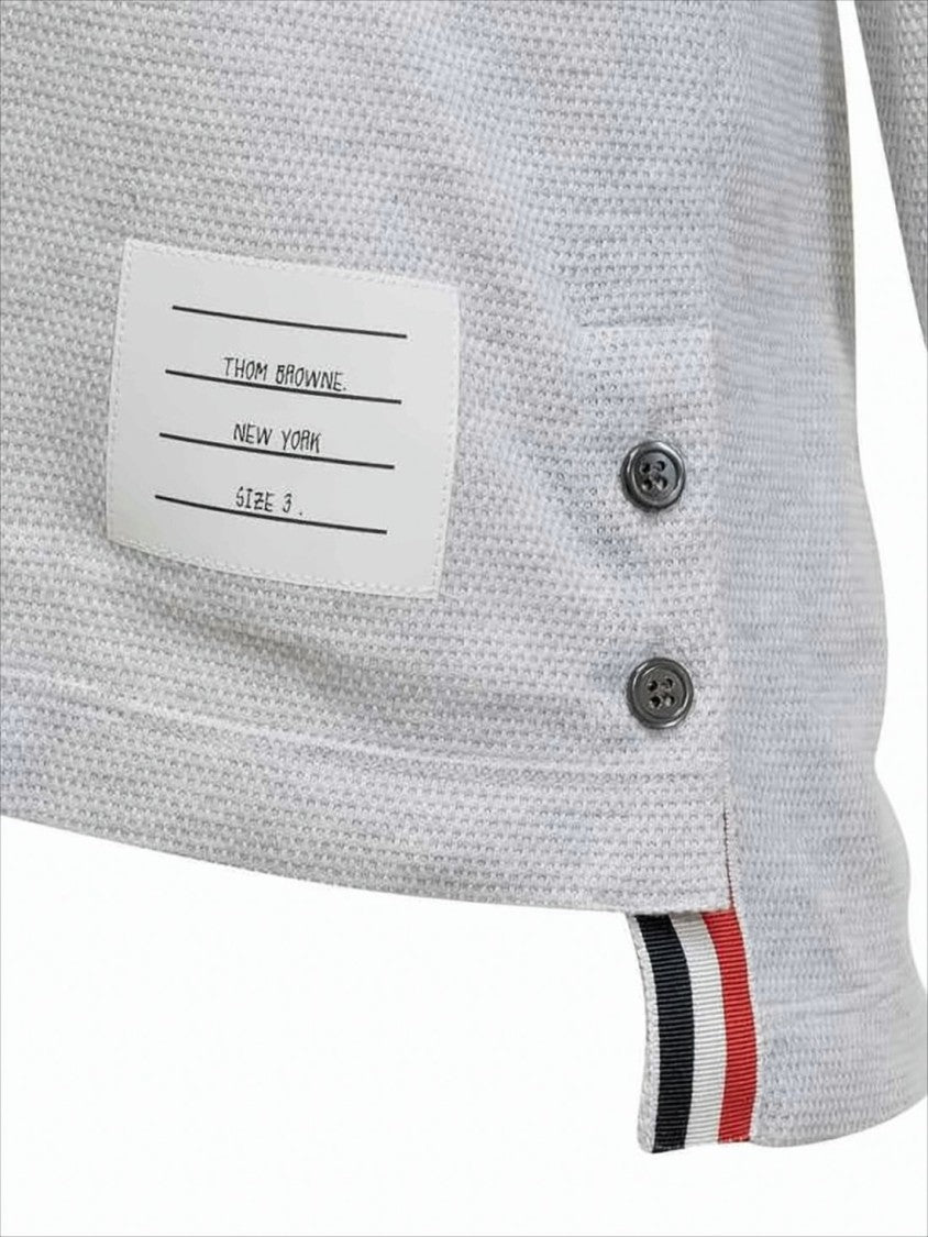 Thom Browne Textured Light Grey Long-Sleeve Polo Shirt With Striped Detailing