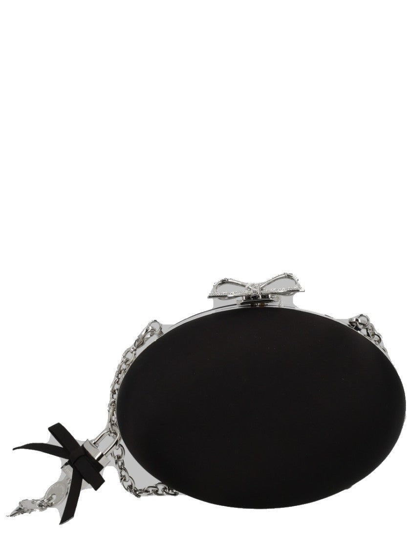 Self-Portrait Black Bow Clasp Oval Chain-Strap Polyester Clutch