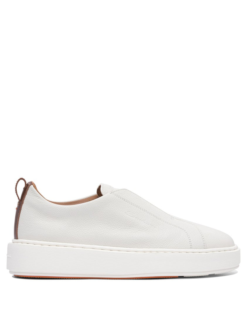 Santoni White Leather Slip-On Sneakers