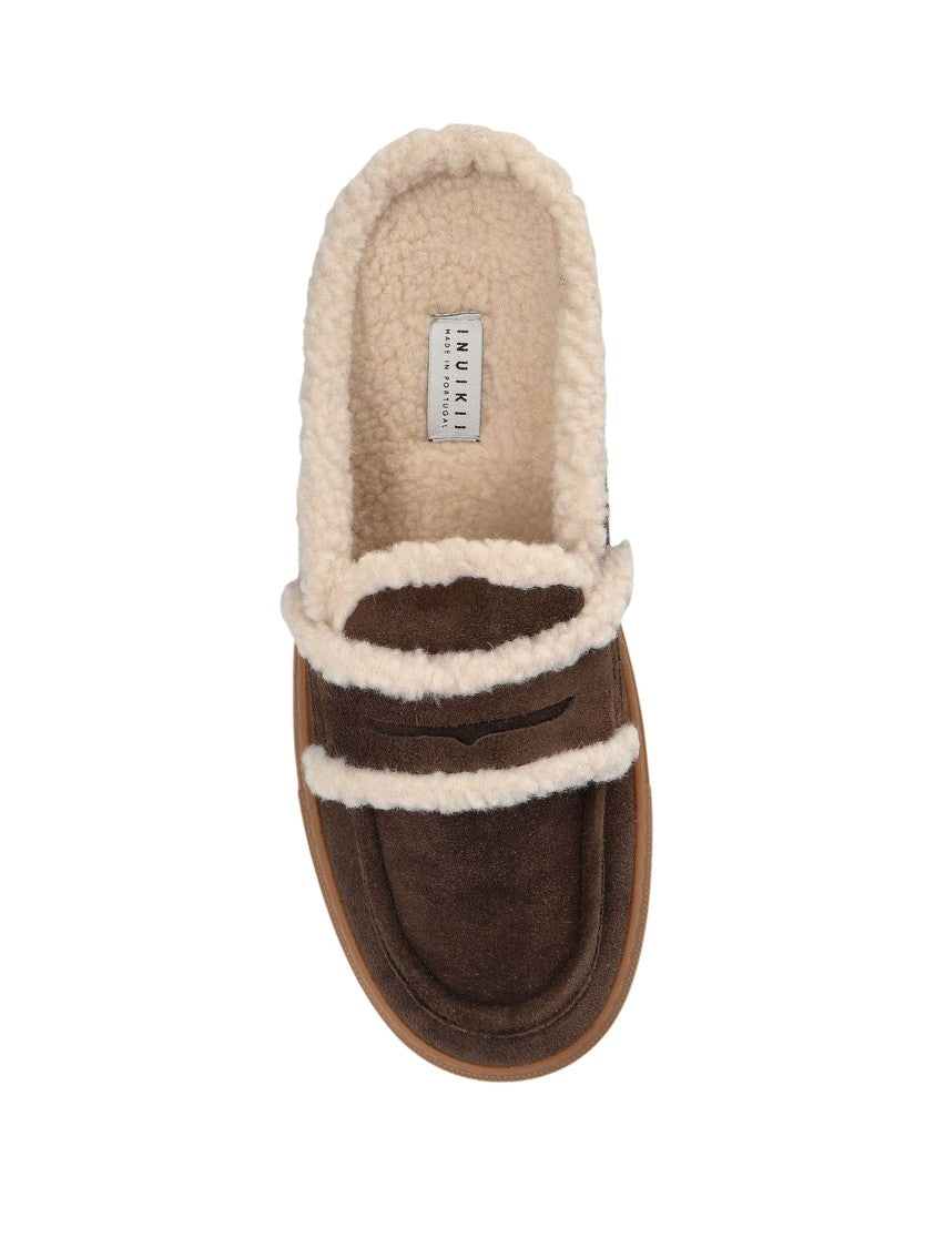 Inuikii Brown Suede Mules With Shearling Trim And Lambswool Lining