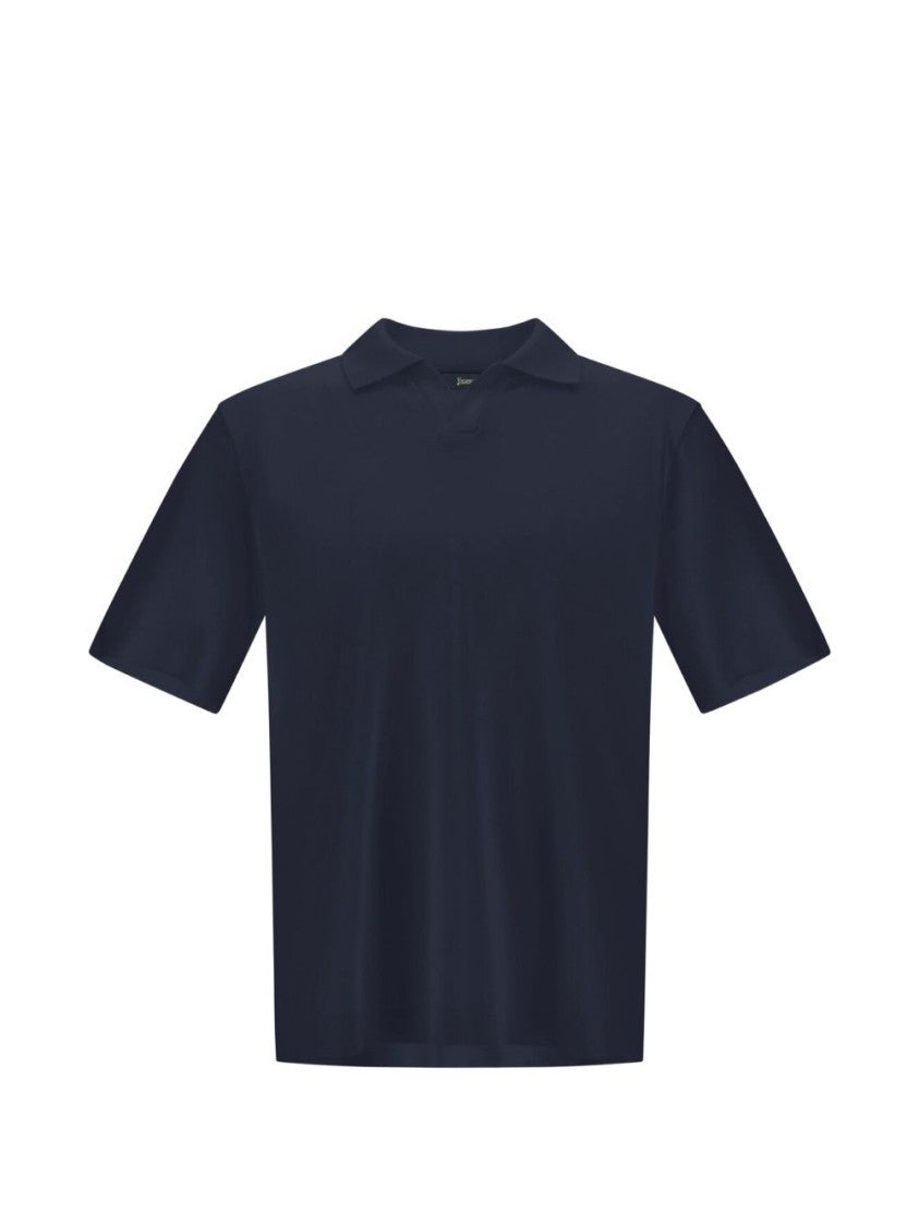 Herno Blue Cotton V-Neck Polo Shirt