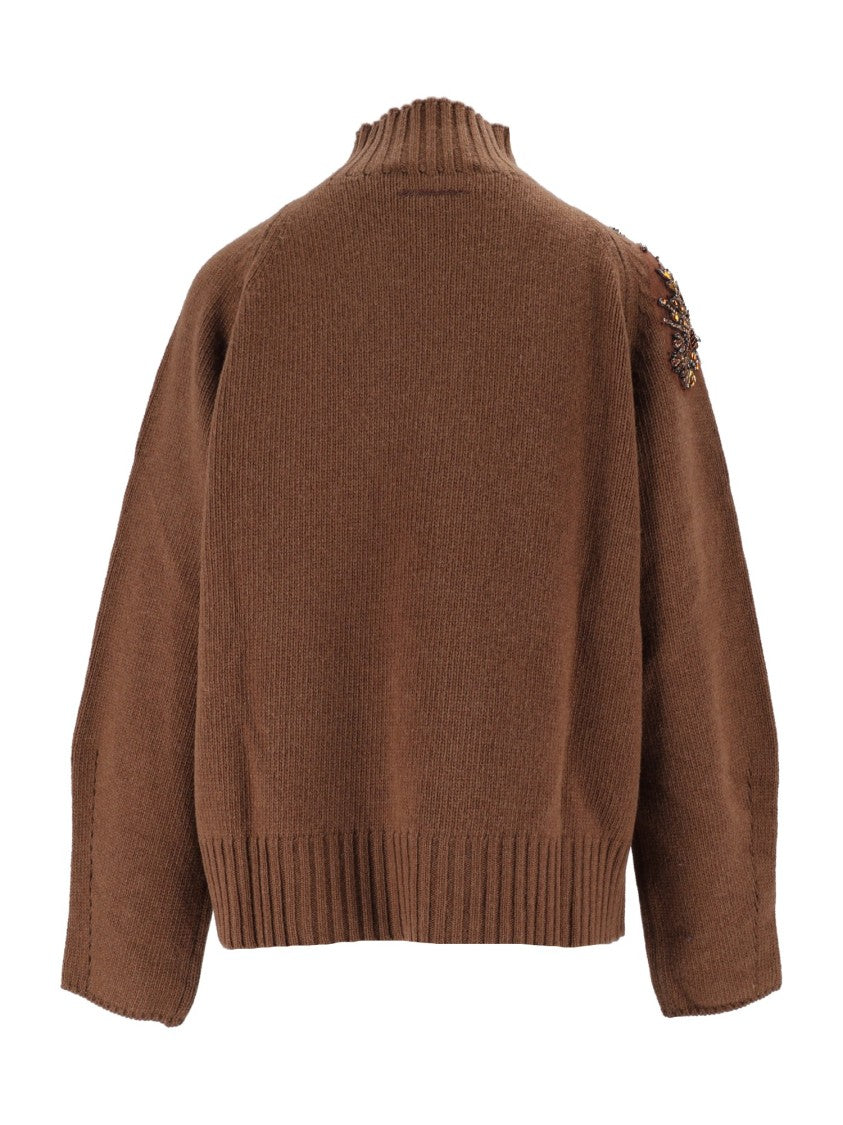 Ermanno Scervino Brown Wool Ribbed Embellished Shoulder Sweater