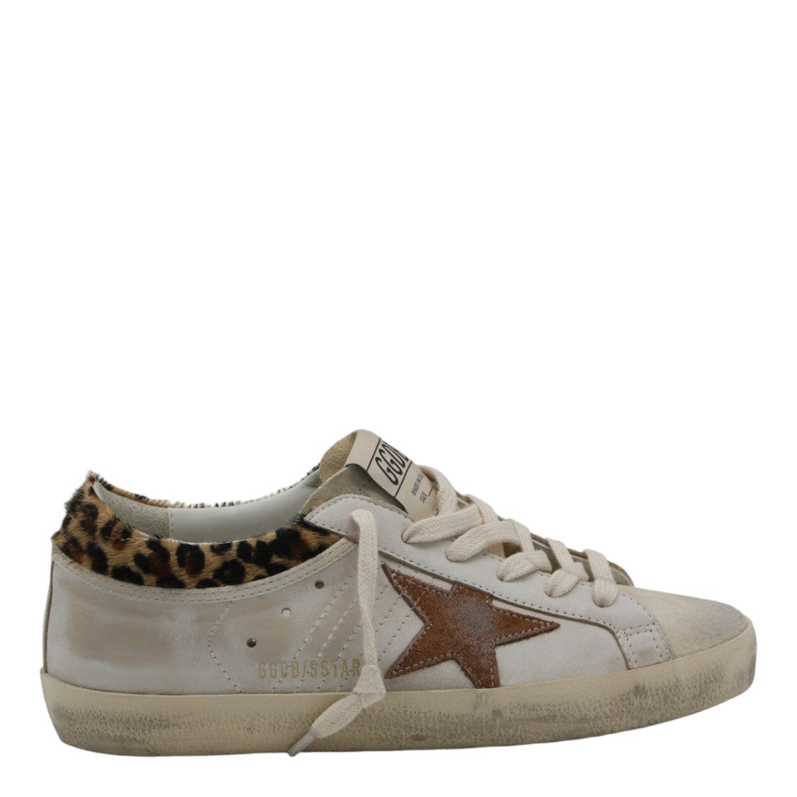 Golden Goose Distressed White Leather Sneakers With Leopard Print Accents