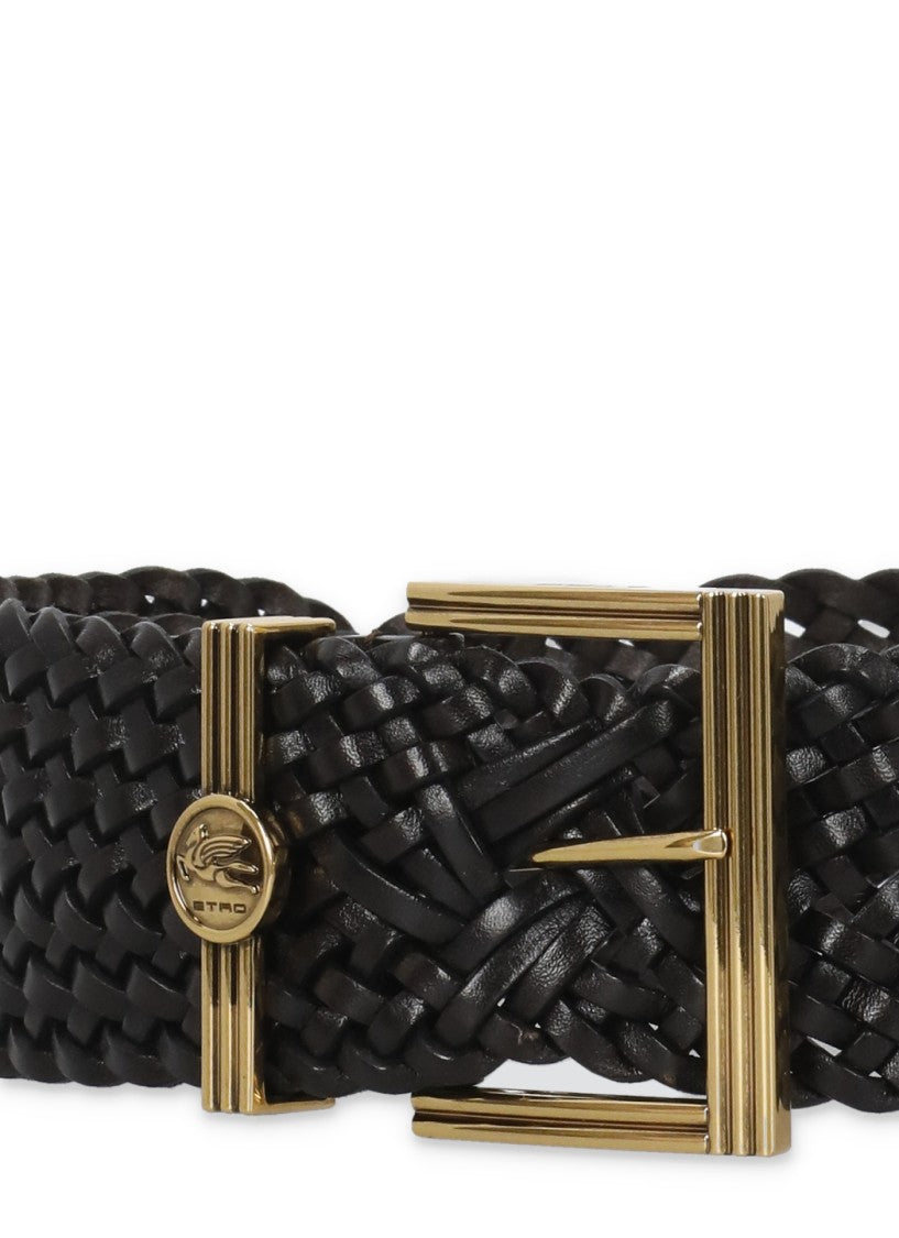 Etro Braided Leather Belt With Decorative Metal Buckle