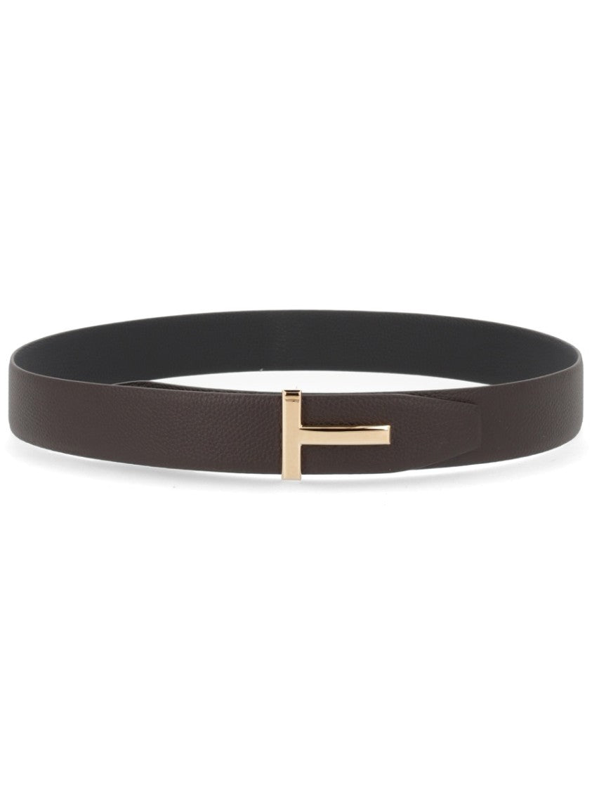 Tom Ford Calf Leather T-Shaped Metallic Buckle Belt