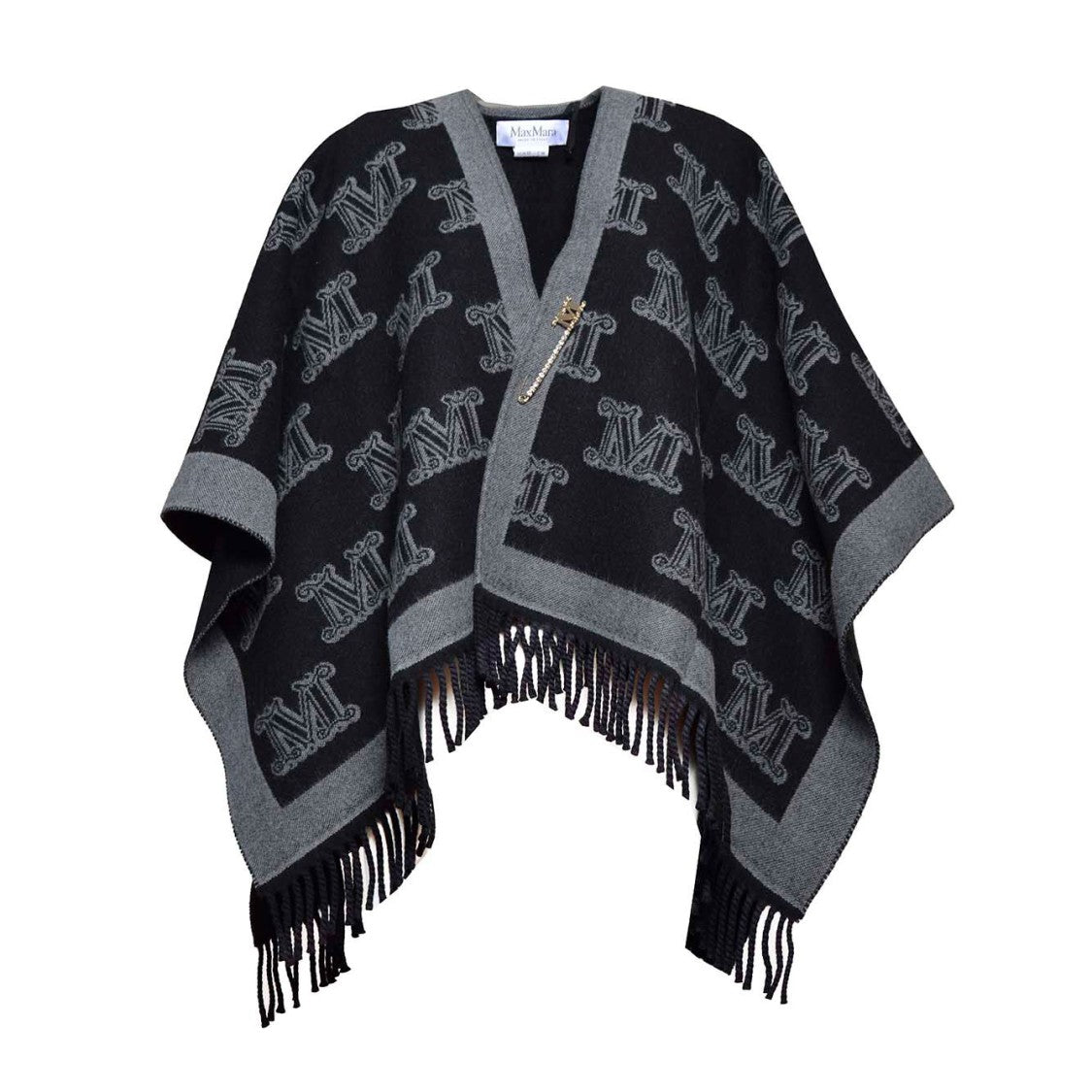 Max Mara Frine Poncho In Black Jacquard Virgin Wool