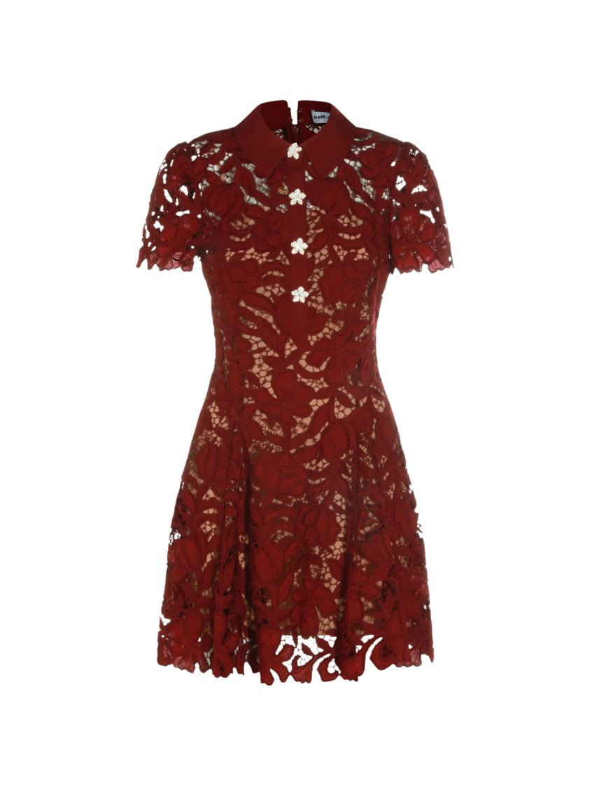 Self-Portrait Burgundy Puff-Sleeve Lace Mini Dress