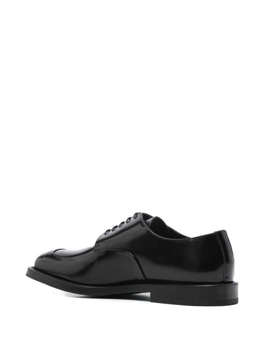 Moschino Lace-Up Flat Shoes In Polished Black Silk