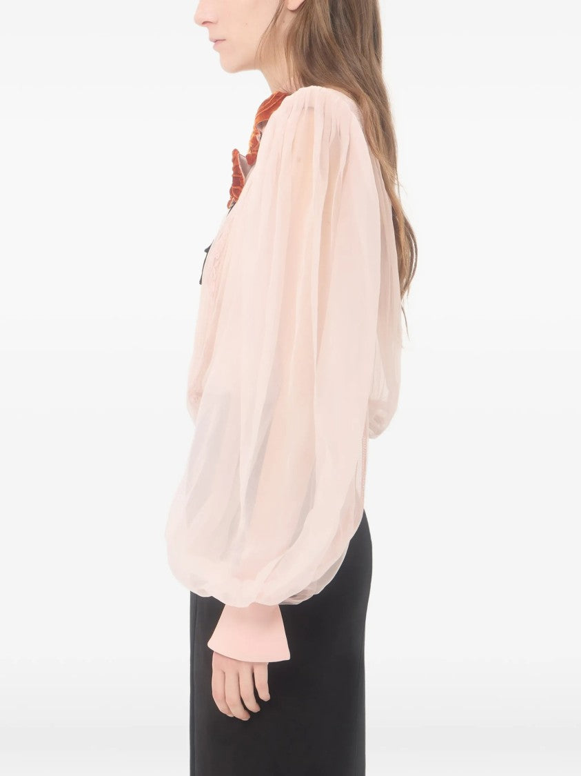 Valentino Neutral Sheer Velvet Floral Applique Blouse