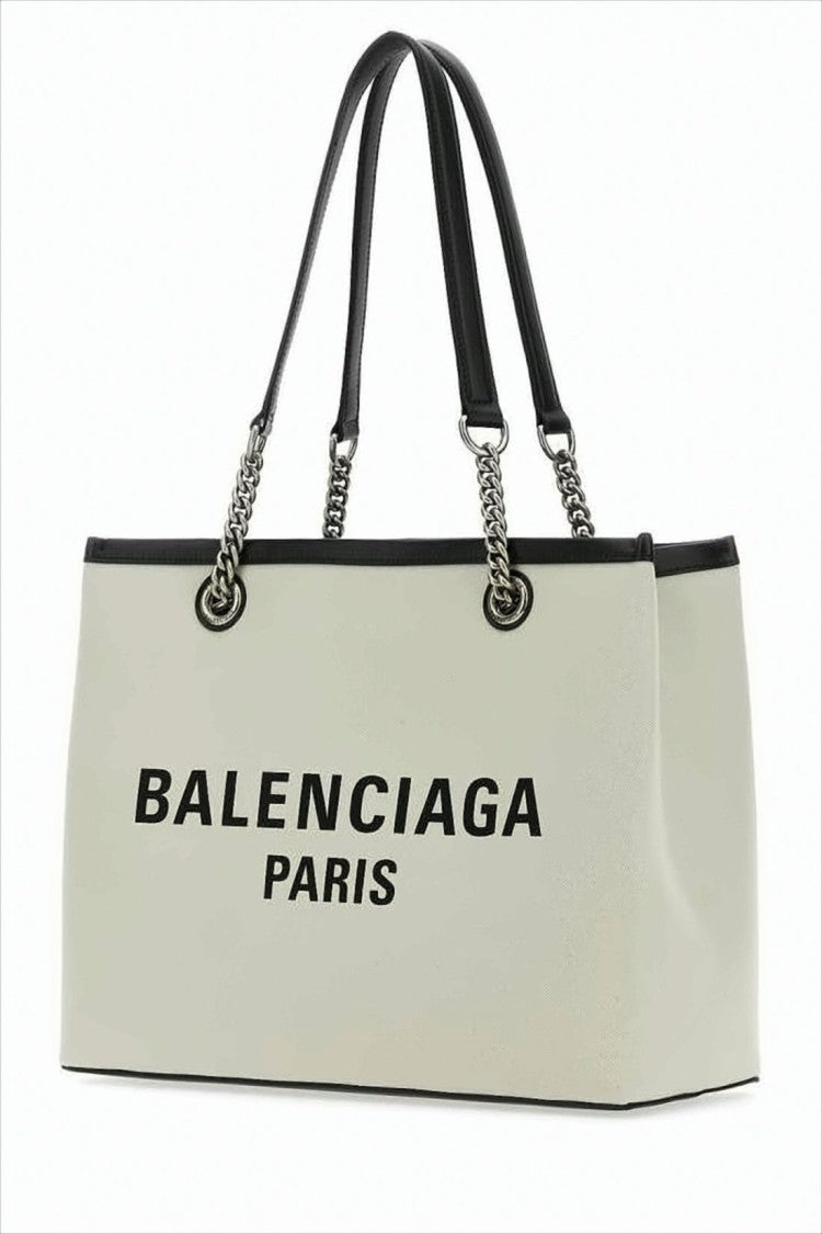 Balenciaga Canvas Tote Bag With Black Leather Trim And Chain Details