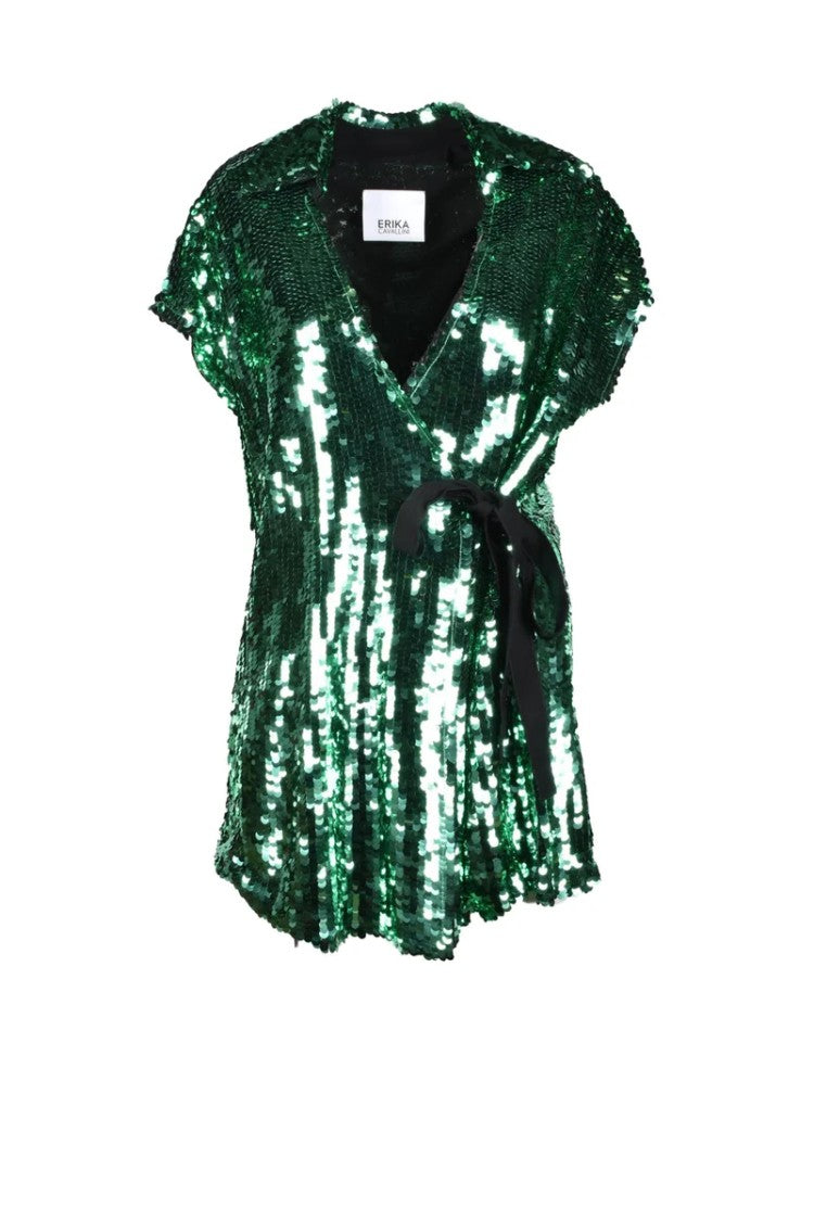 Erika Cavallini Short-Sleeved Sequin-Embellished Blouse With Wrap Tie