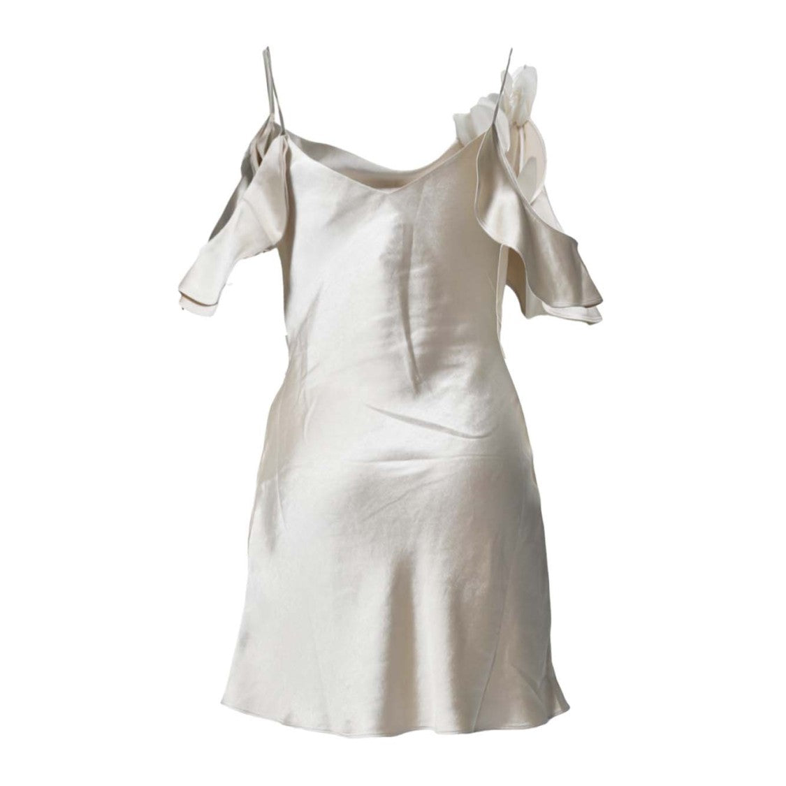 Self-Portrait Beige Satin Mini Dress With Cold Shoulder Design And Floral Appliqués