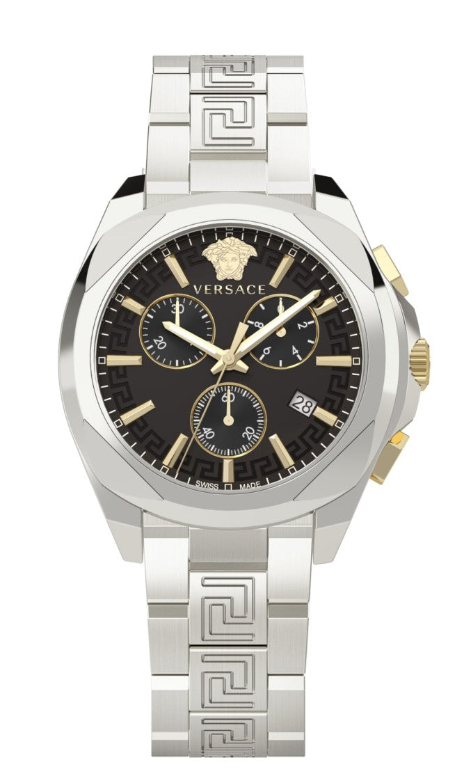Versace Quartz Chronograph Watch With Black Dial And Geometric Bracelet